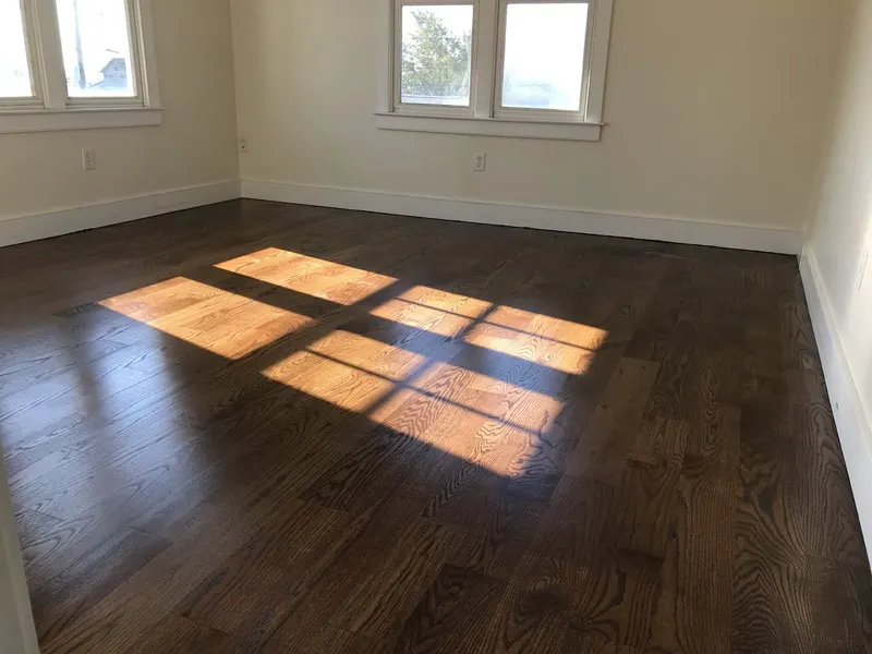Freshly painted bedroom with sunlight across the hardwood floor