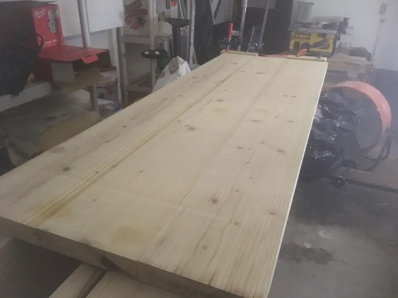 Glued-up pine countertop slab in the workshop