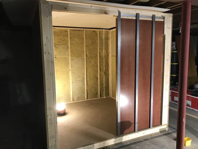Recording booth framed with insulation installed