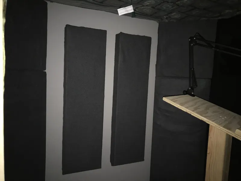 Acoustic panels mounted inside the finished recording booth